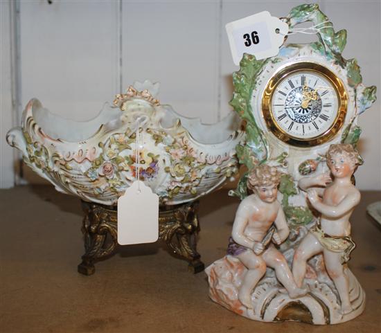Figural clock, floral bowl & gilt stand